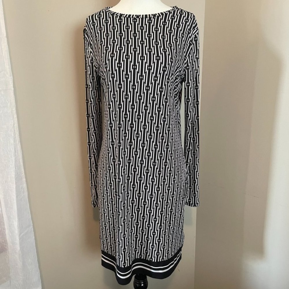 Michael Kors Black White Long Sleeve Dress Midi Dress Size M
